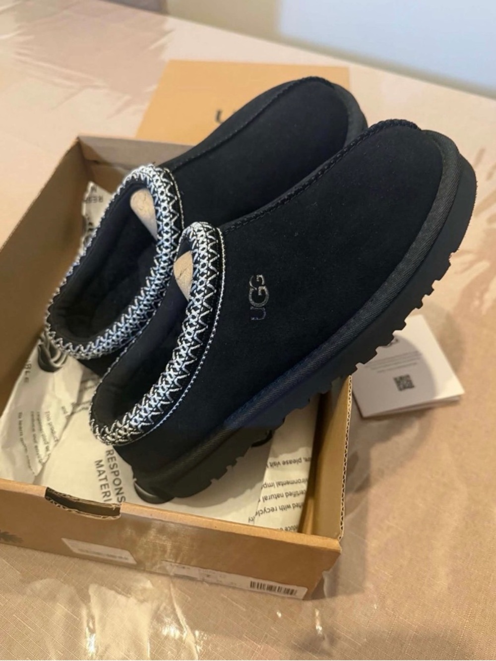 UGG Black Suede Slip-On Clog with Patterned Trim